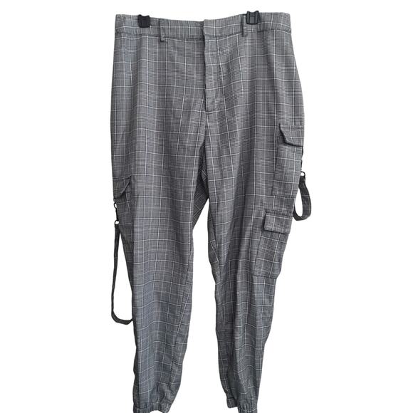 Plaid woven XL parachute pants skater cargo grunge steampunk straps gray - Picture 1 of 6